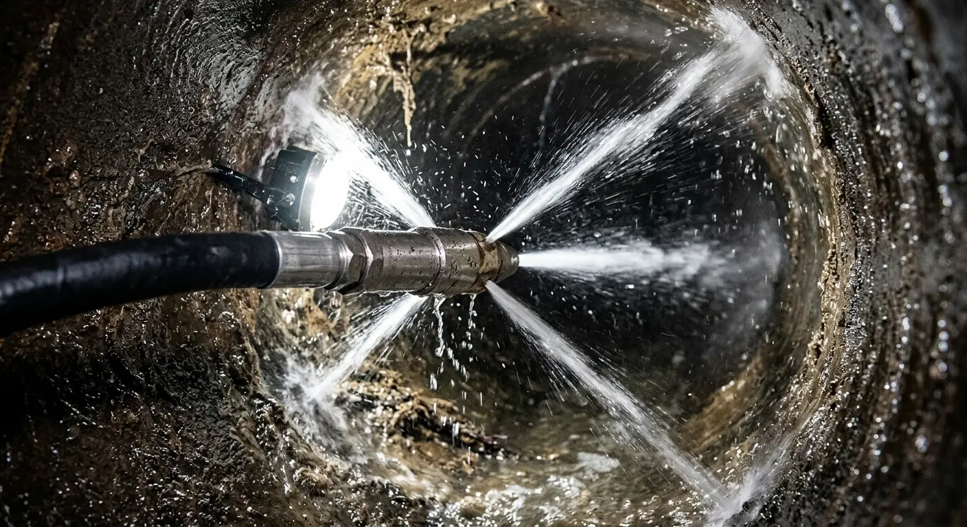 High-pressure hydro jetting nozzle cleaning sewer pipe for Sewer Cleanout in Breckenridge