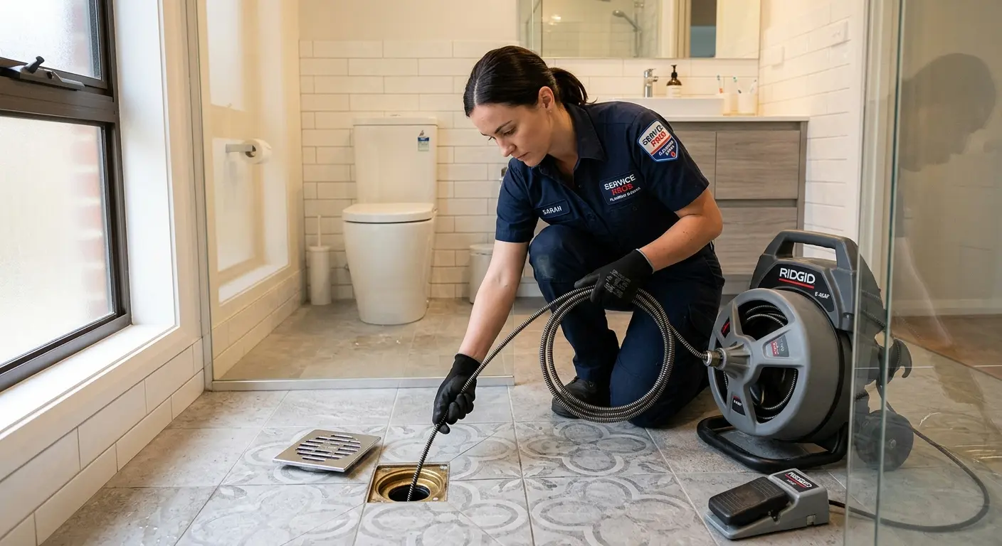 Technician clearing a bathroom floor drain for Hydro Jetting in Breckenridge